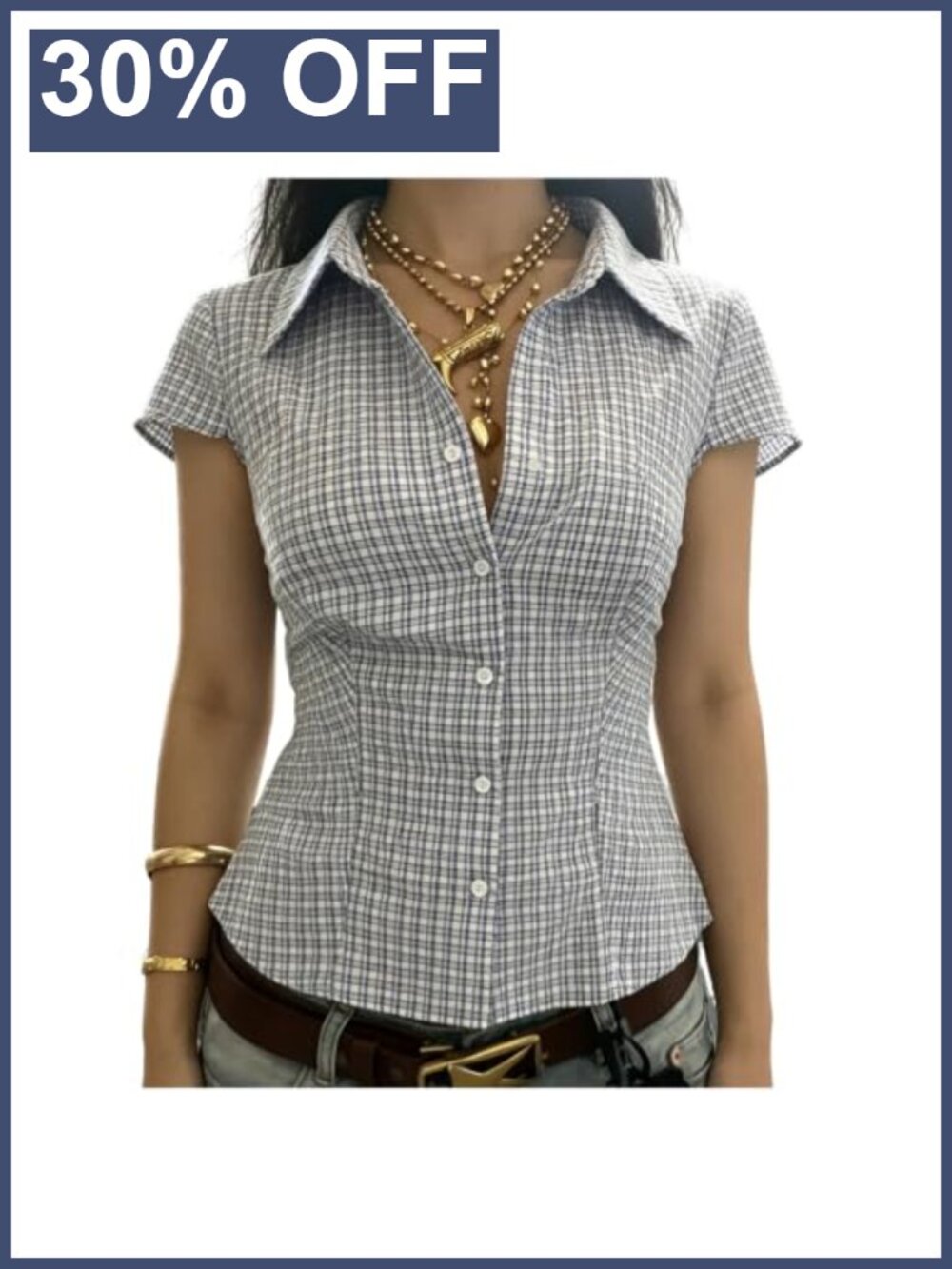 Slim Fit Plaid Button Down Collared Short Sleeve Blouse Summer Y2K